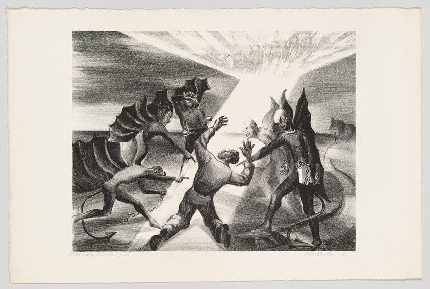 A terrified man recoils as several demonic figures seize him while a bright light appears above.