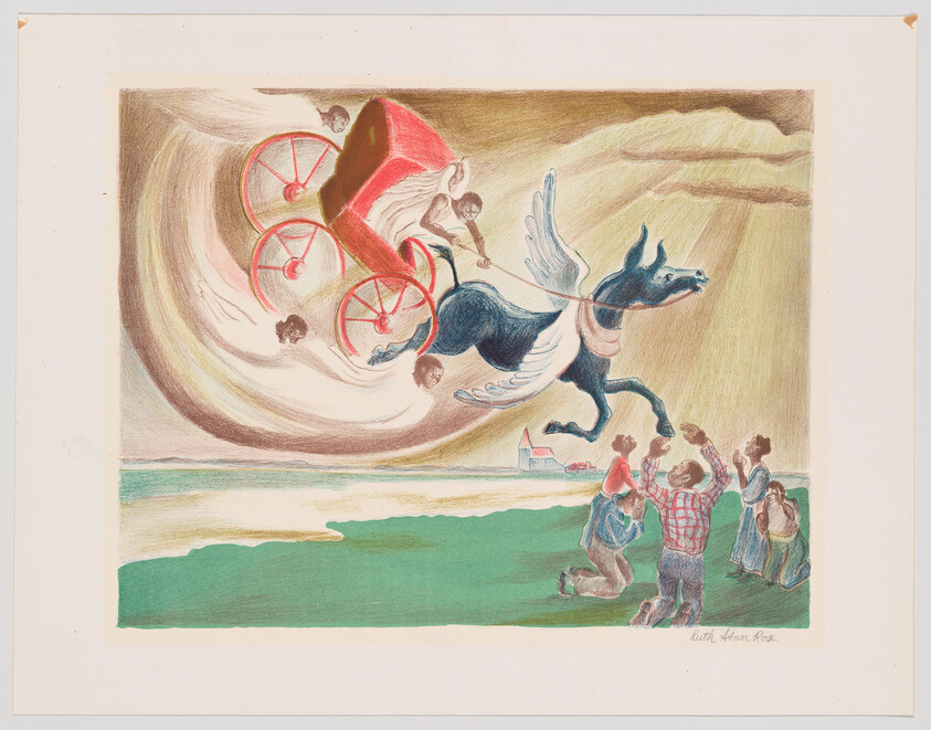 Winged horse pulls a red carriage through the sky as villagers on shore watch in alarm.