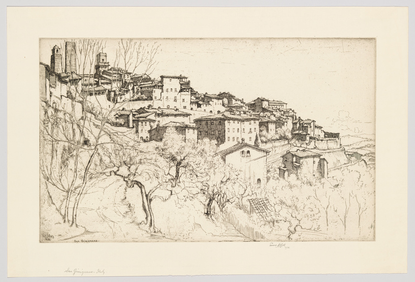 This is an etching depicting a panoramic view of the hilltop town of San Gimignano in Italy. The artwork captures the essence of the town's medieval architecture, with its stone buildings and prominent towers rising above the surrounding landscape. In the foreground, there are leafless trees and shrubs, suggesting a view from a nearby hillside or garden. The etching is detailed, with fine lines creating textures and shadows, conveying a sense of depth and the rustic charm of the Tuscan countryside. The artist's signature and the title "San Gimignano" are visible at the bottom of the image.