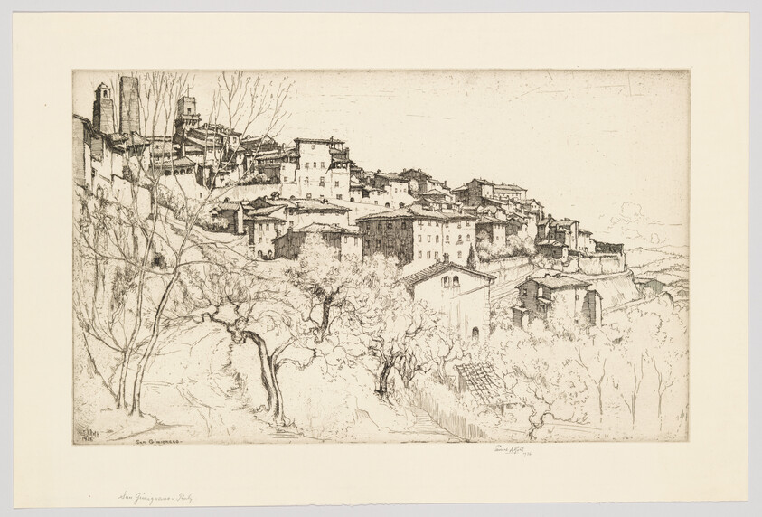 A detailed etching of a hillside town with clustered buildings and trees in the foreground.