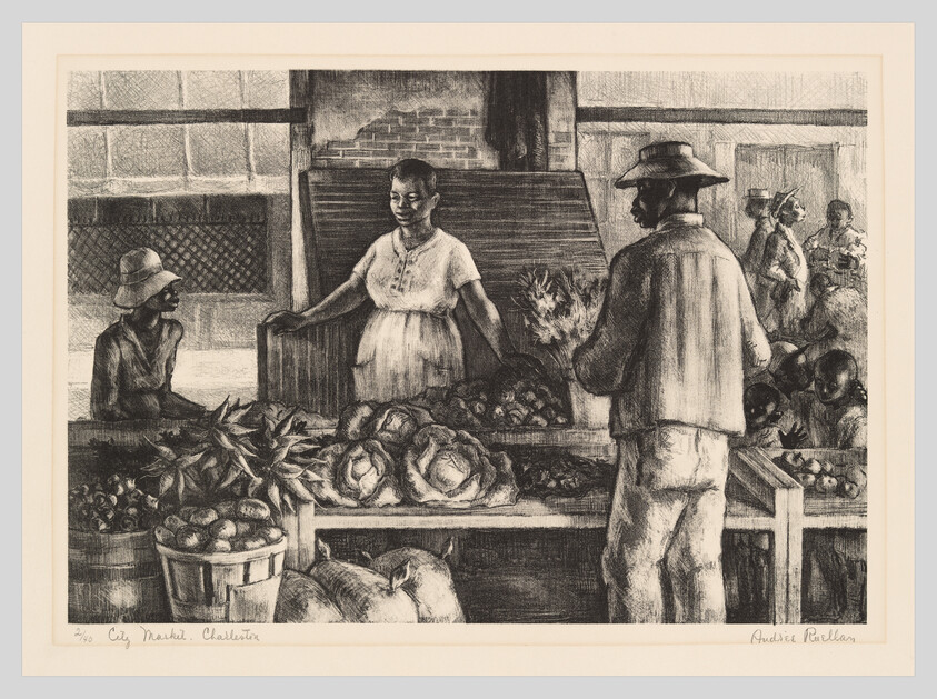 A woman vendor sells vegetables to a standing man at a busy market stall.