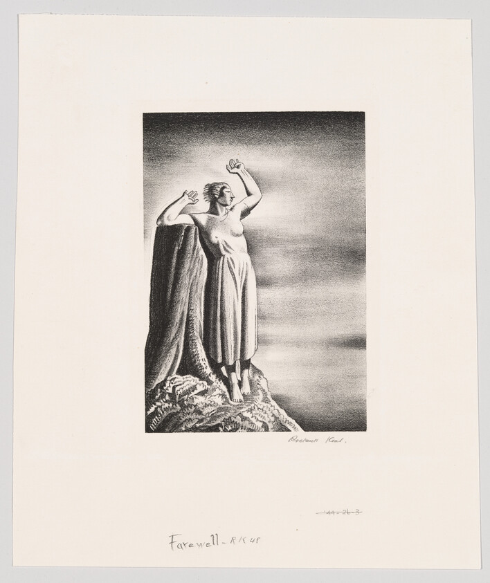 A black and white illustration of a classical figure, possibly a woman, standing on a rocky outcrop with her right arm raised in a waving gesture. She is draped in a flowing gown and cloak, and her hair is styled up. The background is a simple, shaded sky. Below the image, handwritten text reads "Farewell - RKRS" and there are signatures of the artist. The paper on which the illustration is printed has ample white space around the image.