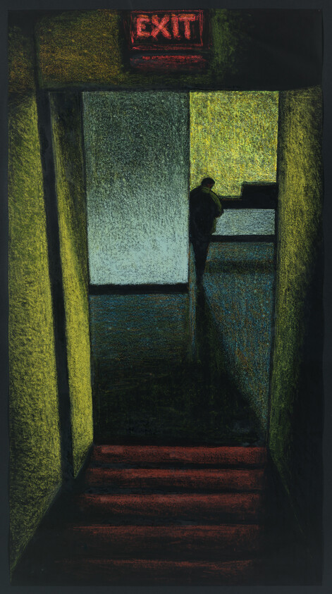 A silhouetted person stands at the top of a dim stairwell beneath a lit exit sign.