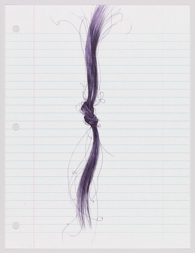 A long purple hair strand knotted in the middle lies vertically on lined notebook paper.