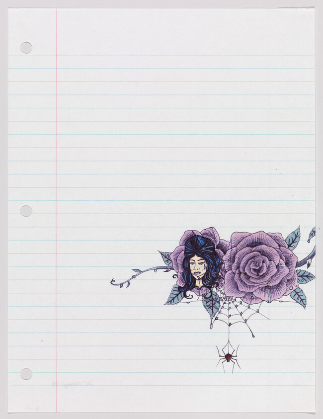 A pen drawing of a woman's face amid purple roses with a spider and web on lined paper.