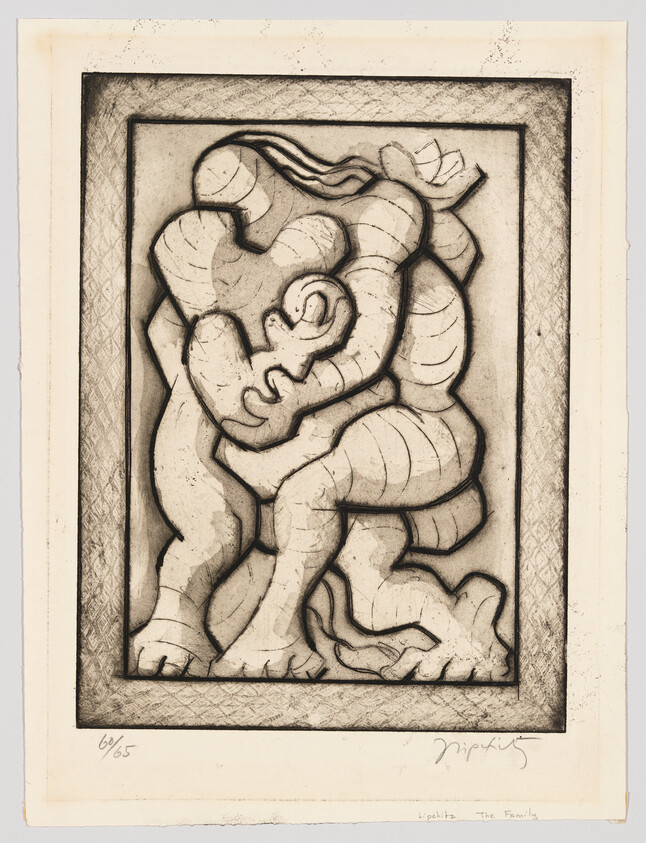 Two abstract figures embrace each other tightly within a rectangular frame.