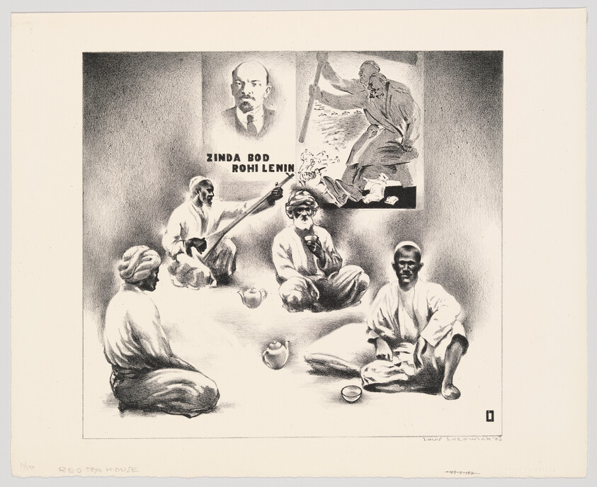 Four men sit on the floor drinking tea beneath a poster of Lenin reading "Zinda Bod Rohi Lenin."