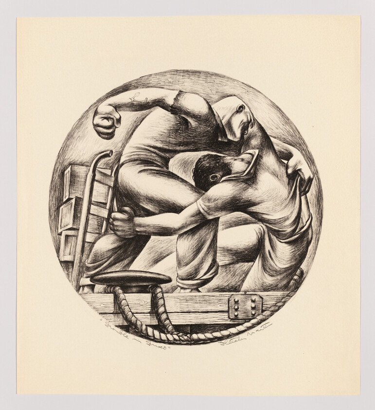 Two dockworkers grapple intensely while tangled near a mooring cleat and rope.