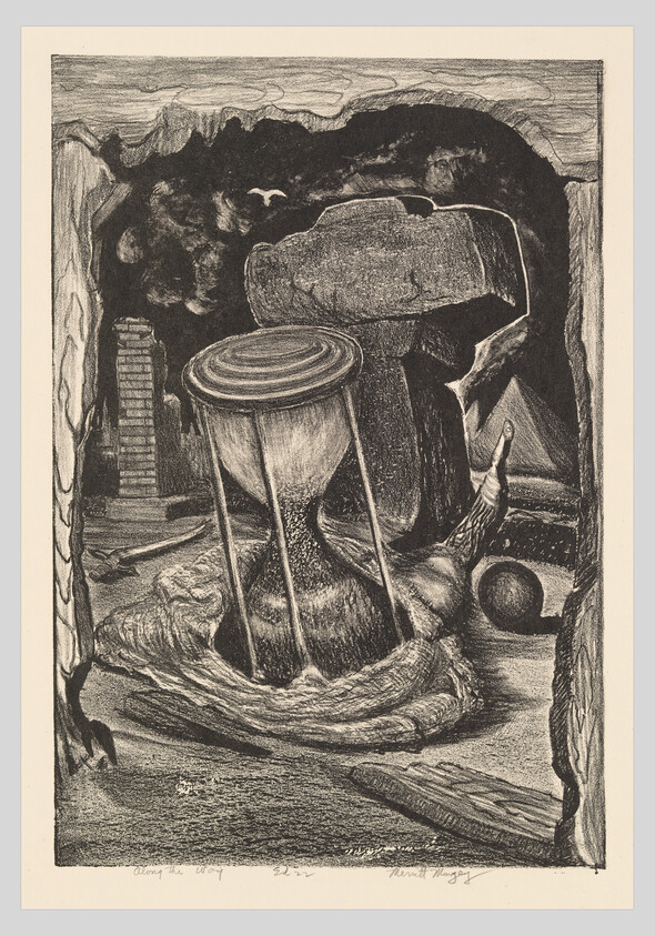 A toppled hourglass lies among rocks and broken objects inside a dark cavern.