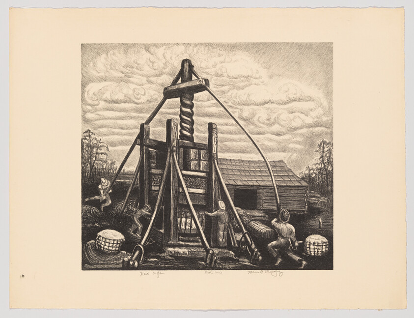 Workers operate a large wooden cider press with ropes beside a barn under cloudy sky.