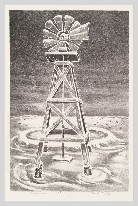 A wooden windmill tower stands in shallow floodwater with swirling ripples around its legs.