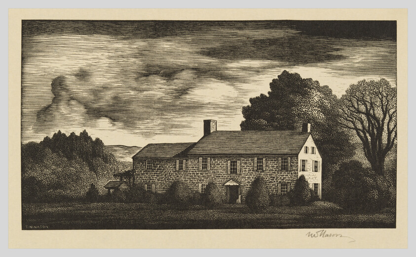 A large two-story stone house sits surrounded by trees under a dramatic cloudy sky.