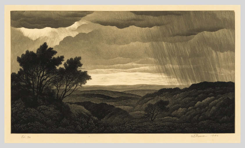 Dark storm clouds and rain sweep over rolling wooded hills with silhouetted trees in the foreground.