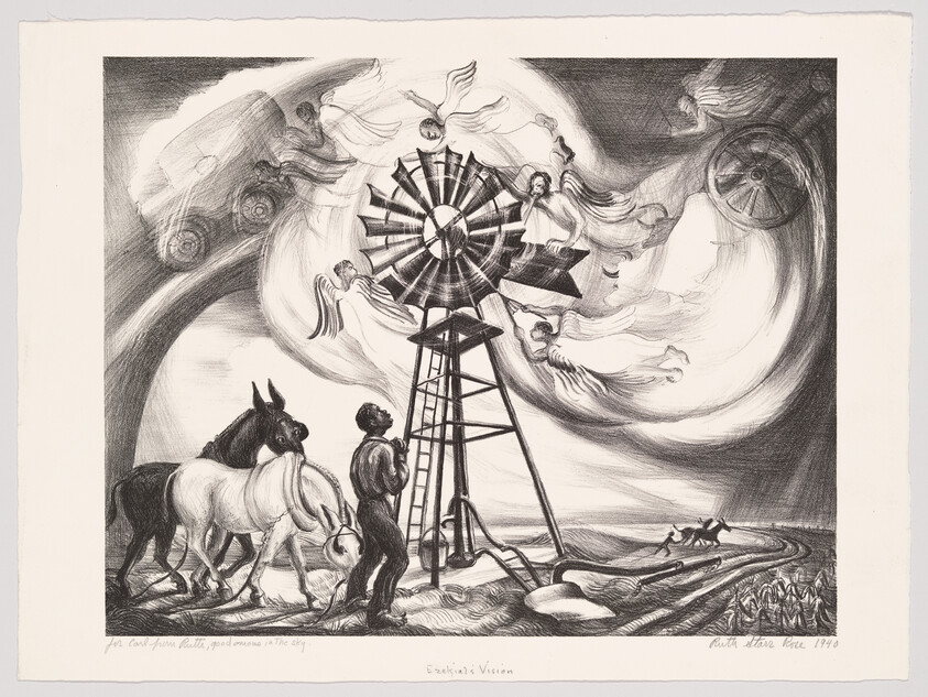 A farmer stands by a windmill with horses as angels swirl around the blades.
