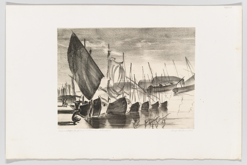 Vintage etching of boats with sails on calm water, masts reflected in the water, under a cloudy sky.