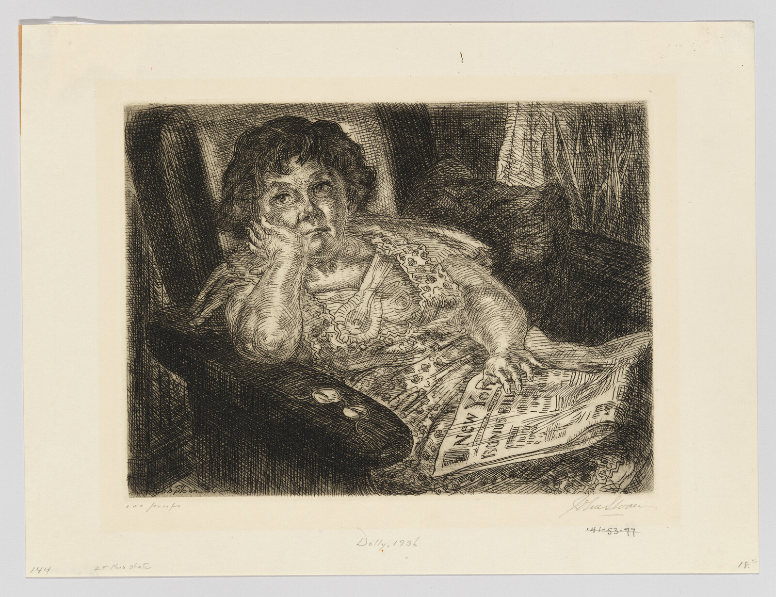 Etching of a pensive woman resting her cheek on her hand, holding a newspaper, with a dark background.