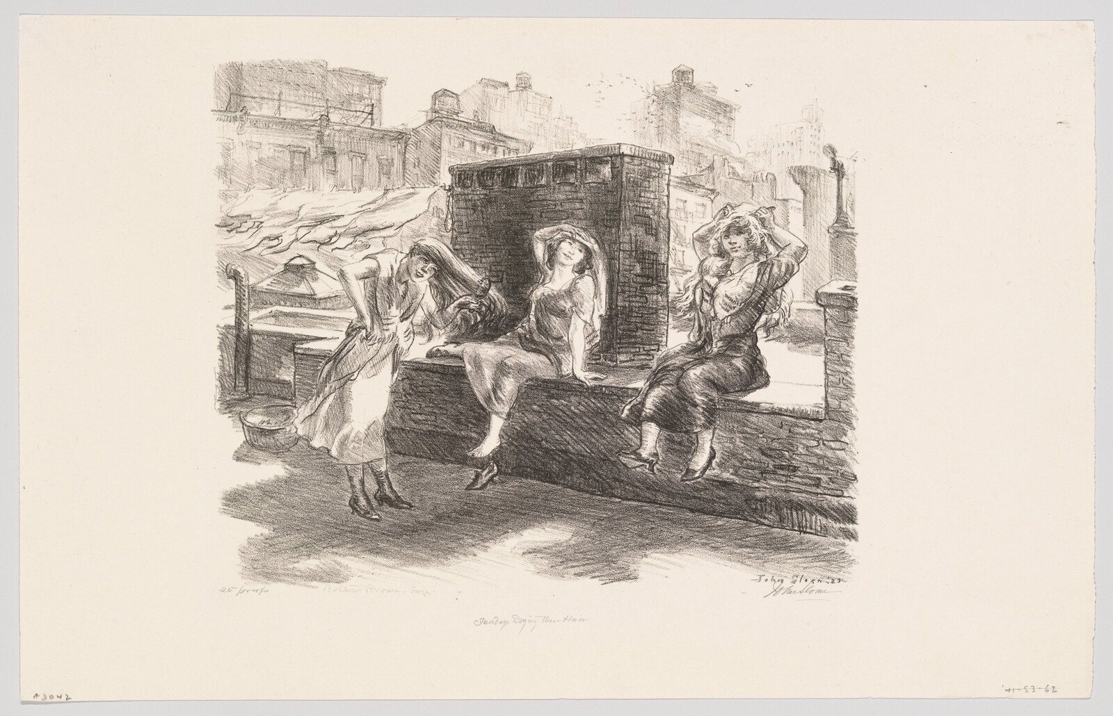 Three women sit and stand on a city rooftop brushing and arranging their hair.