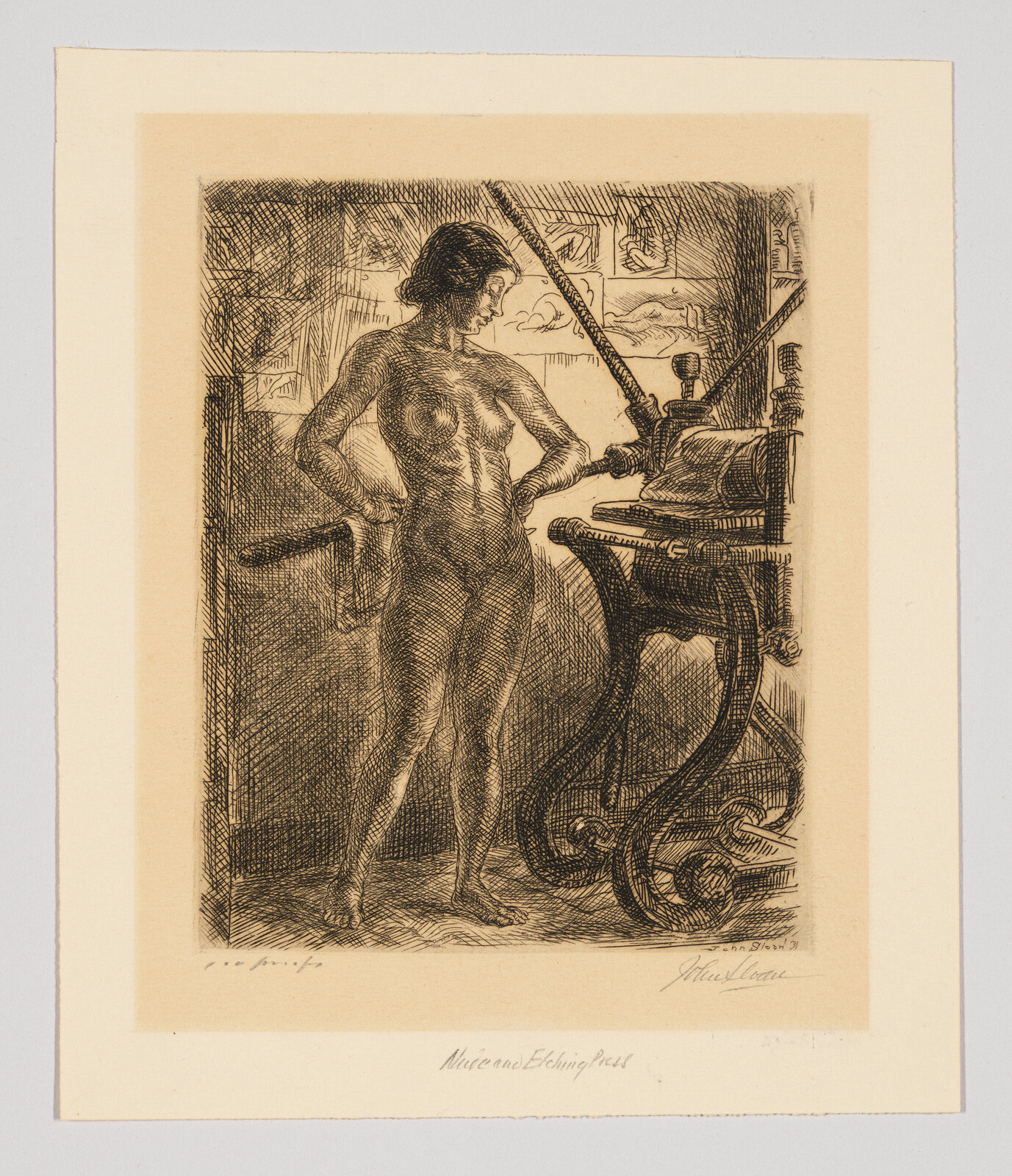 Etching of a nude woman standing next to a printing press, with artistic background details.