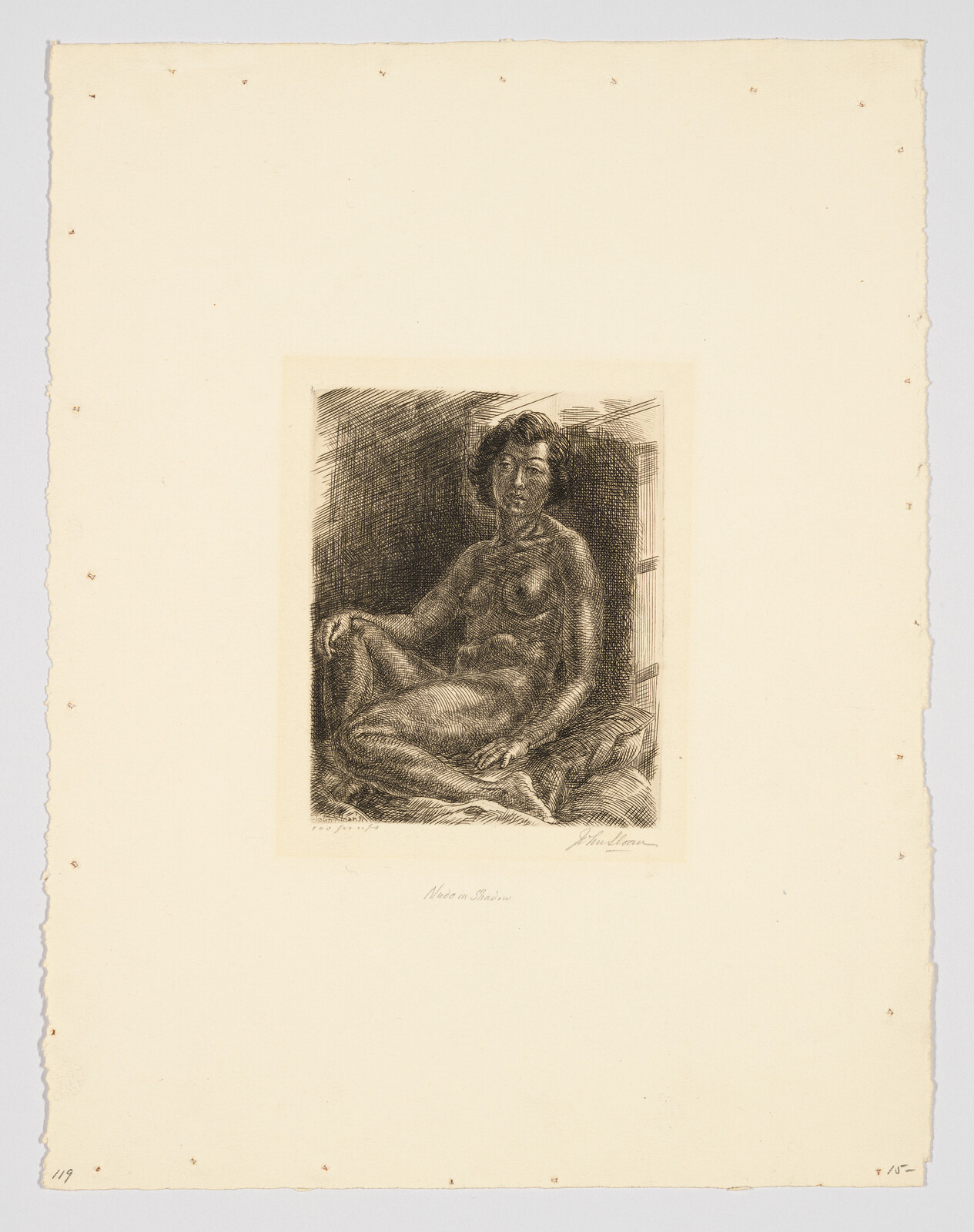 Etching of a seated nude figure with a contemplative expression, signed by the artist, on off-white paper with deckled edges.