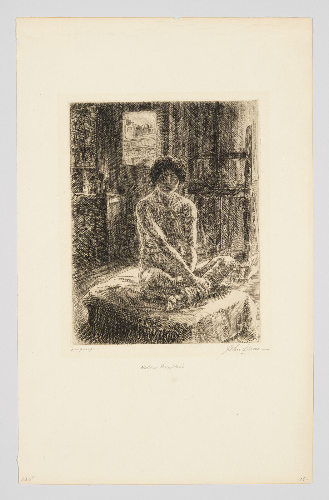 Etching of a seated, contemplative figure in a dimly lit room with a window and bookshelf.