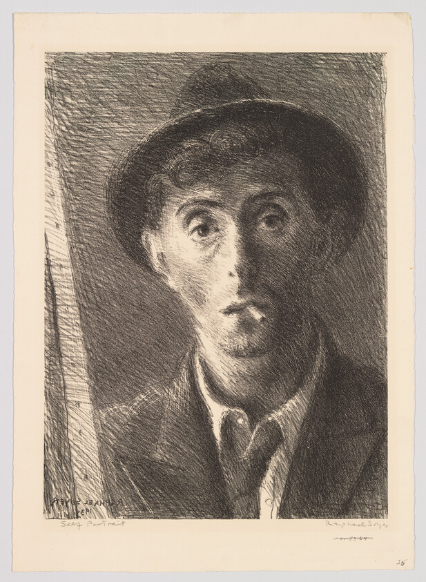 A charcoal self-portrait of a man in a hat staring directly at the viewer.
