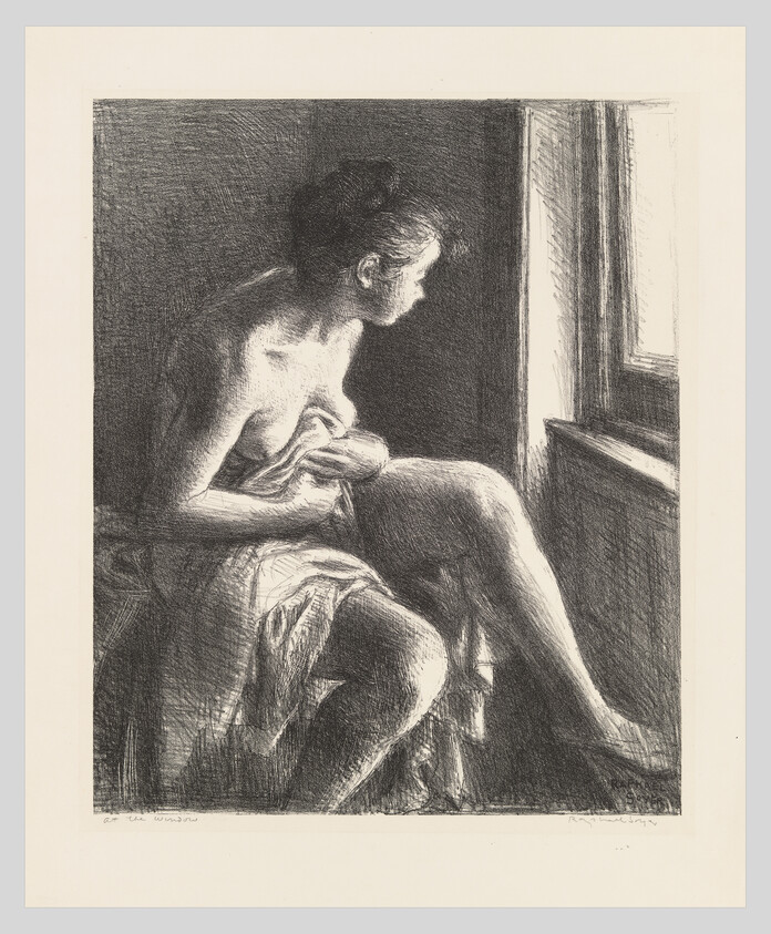 A seated woman draped in a towel looks out a nearby window.