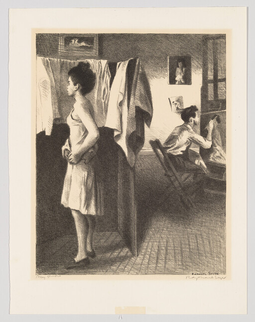 A young woman in a slip stands at a dressing screen while a man sits painting nearby.