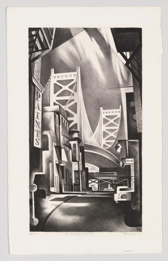 Urban street under dramatic bridge towers with a vertical 'PAINTS' sign on the left.