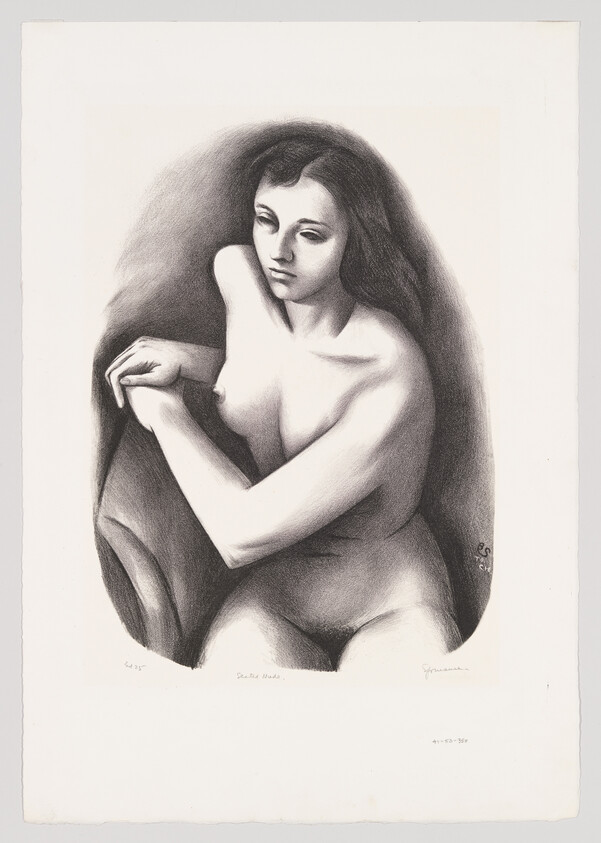 A seated nude woman with folded arms gazes thoughtfully downward in a softly shaded drawing.