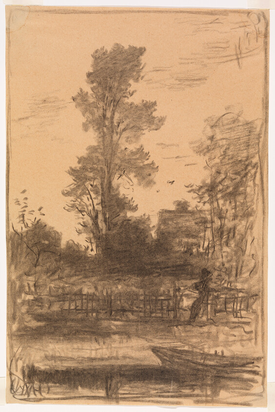 A tall tree by a pond with a small boat in the foreground and a person standing on a dock.