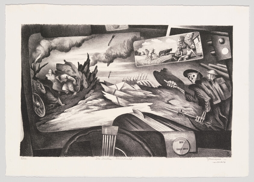 Driver's view of a war-torn landscape with a skeletal figure reaching toward the car.