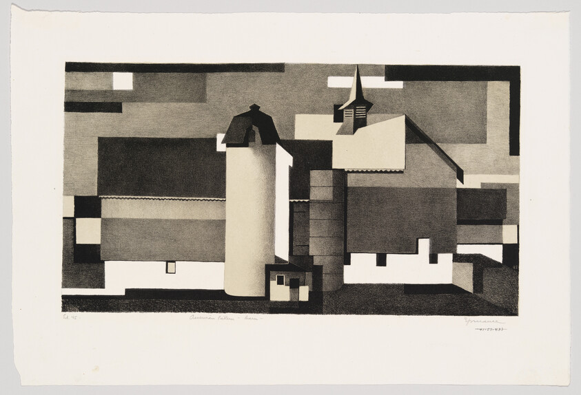 Stylized black-and-white farm buildings and silos arranged in geometric blocks with a small steeple.