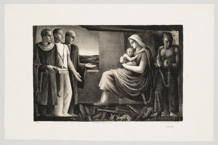 A seated mother cradles a baby while three robed men approach and a chained man stands nearby.