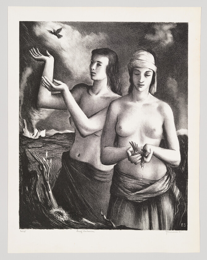 Two women stand at the shoreline, one releasing a bird while the other holds small birds.