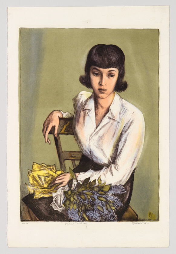 A young woman sits on a chair holding a yellow cloth and a bouquet of purple flowers.