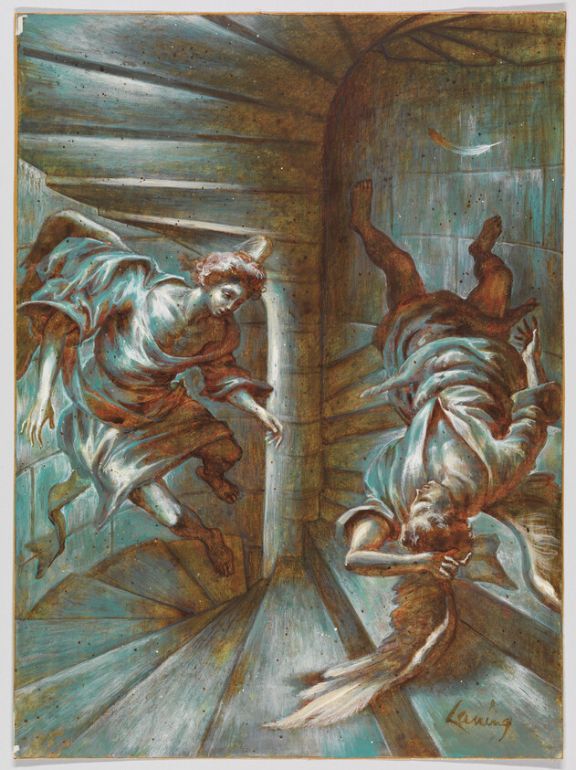 An angel reaches toward a falling figure spiraling down a wooden staircase.