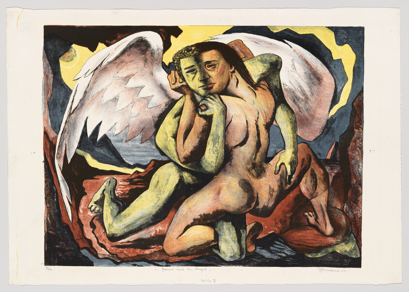 Two nude figures embrace closely, one with large white wings wrapped protectively around the other.