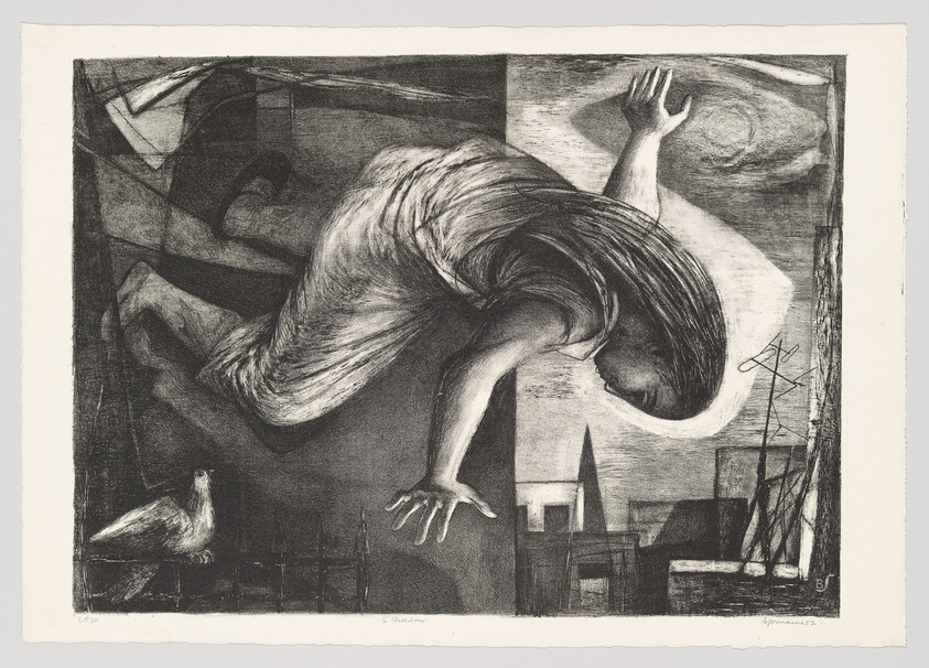 A woman floats over a town with arms outstretched as a bird watches below.
