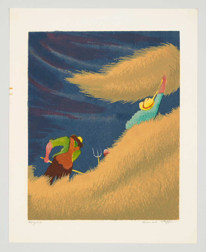 Two farm workers use a pitchfork to lift and stack large golden hay in a windy field.