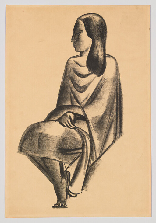 A charcoal sketch of a seated woman draped in cloth, looking left and holding the fabric.