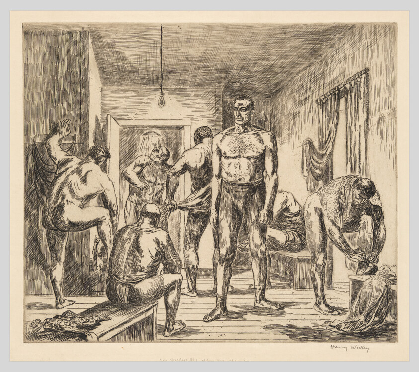 Several men undressing and preparing in a communal locker room, one tall man standing at the center.