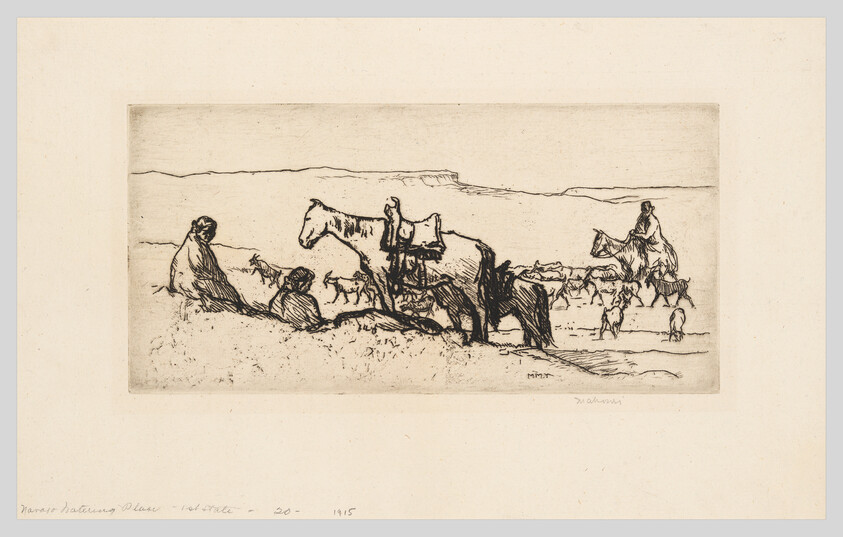 Two riders and resting people with saddled horses and herding animals on a flat plain.