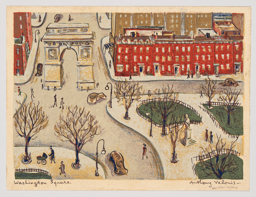 Washington Square Park with the arch, winding paths, bare trees, and small groups of people.