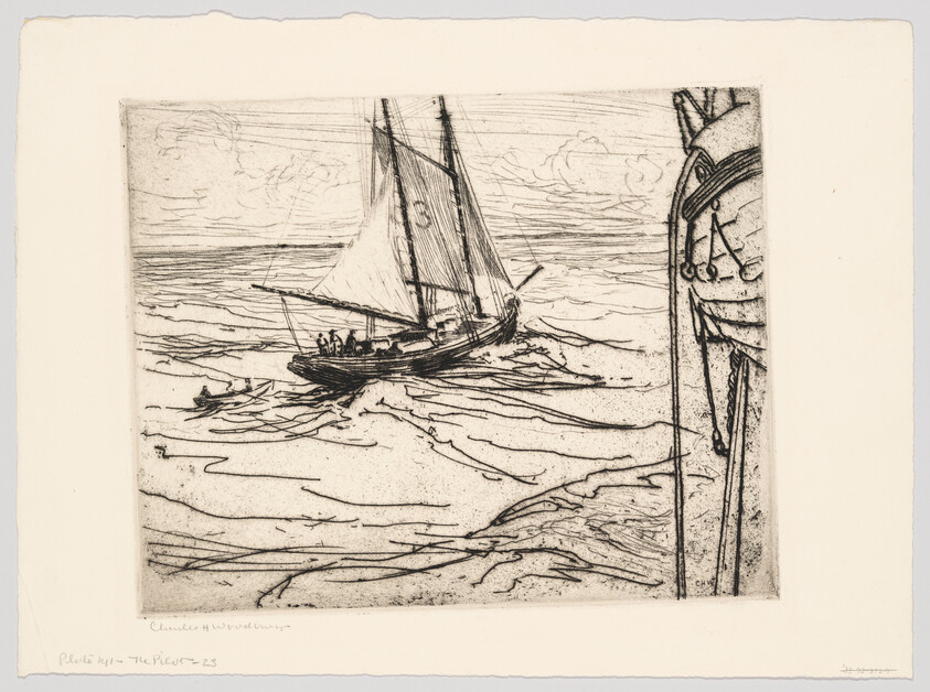 A black and white etching depicting a sailboat with several figures on board, sailing on a textured sea with waves. The boat is detailed with a large sail and is positioned near the center-left of the image. To the right, part of a nautical structure, possibly a pier or another boat, is visible with ropes and wooden planks. The sky is lightly sketched with clouds, and the artwork includes handwritten signatures and numbers at the bottom.