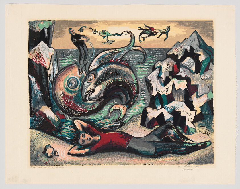 A relaxed person lies on the shore while a giant swirling fish emerges from the sea nearby.