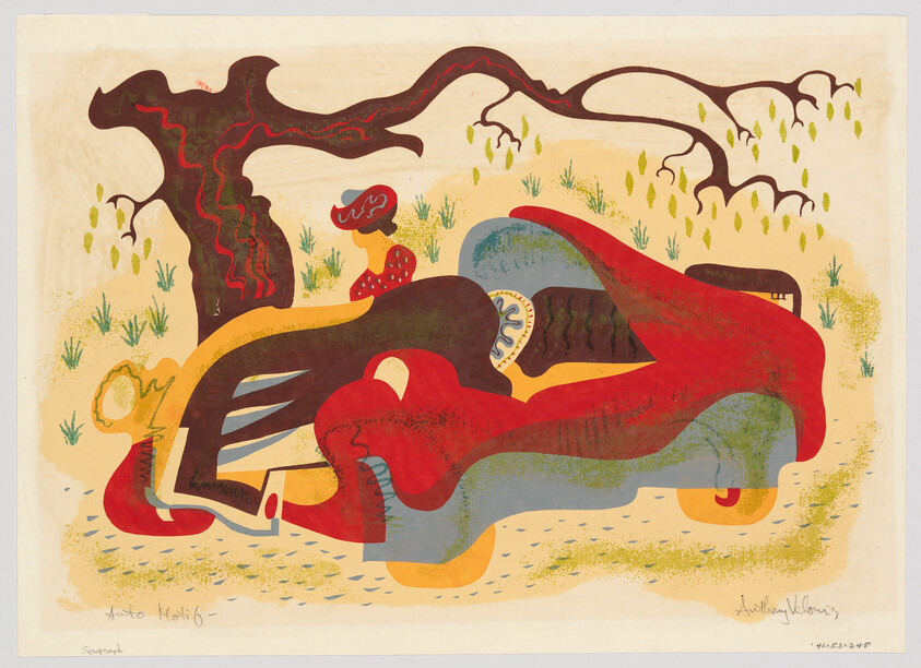 Stylized red car parked under a twisted tree with a person sitting nearby in a patterned hat.