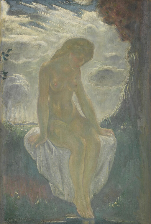 A nude woman sits on a white cloth by a pond, looking down at the water under a cloudy sky.