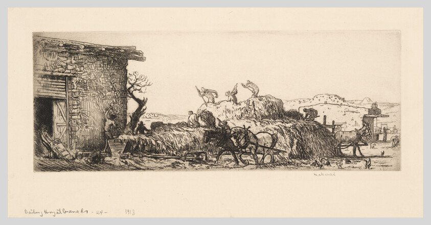 Workers load hay onto a wagon pulled by horses while others climb haystacks.