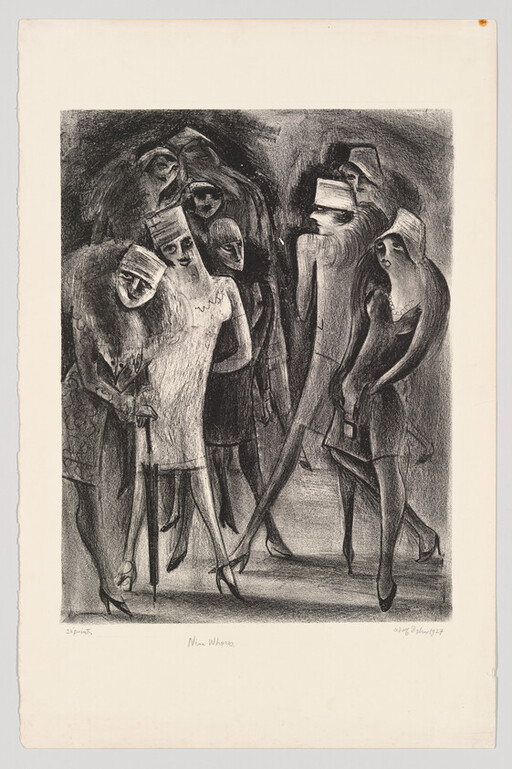 A group of elongated, hat-wearing figures in stylized coats and dresses standing and walking together.
