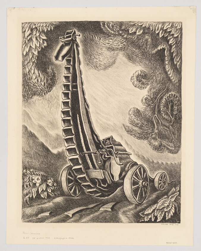 Vintage lithograph of a surreal, elongated cannon in a landscape, with clouds and foliage.